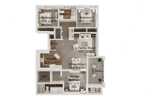 Floor plan for 3 beds, 2 baths, 1255 sqft